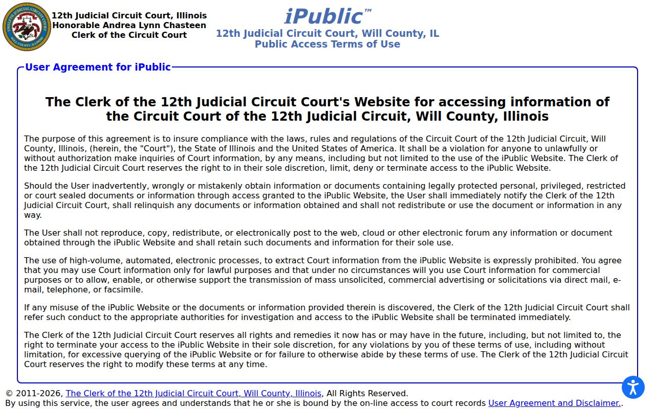 Will County resident lookup at the iPublic court portal