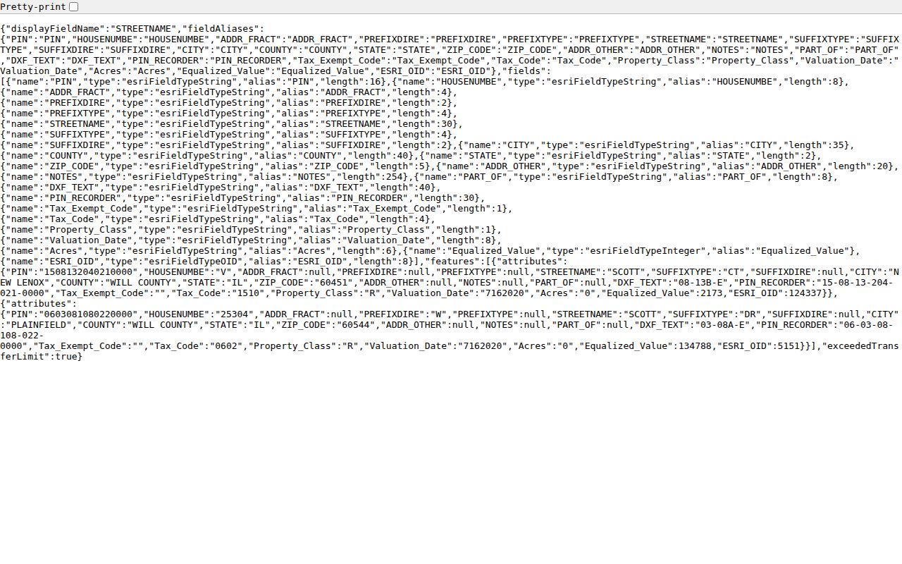 Official Will County GIS parcel query for parcels sharing a street name