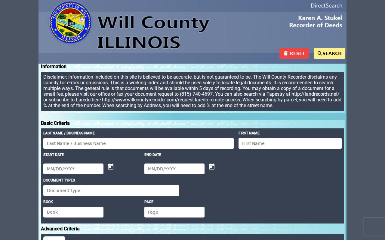 Will County Recorder Direct Search address PIN and deed criteria